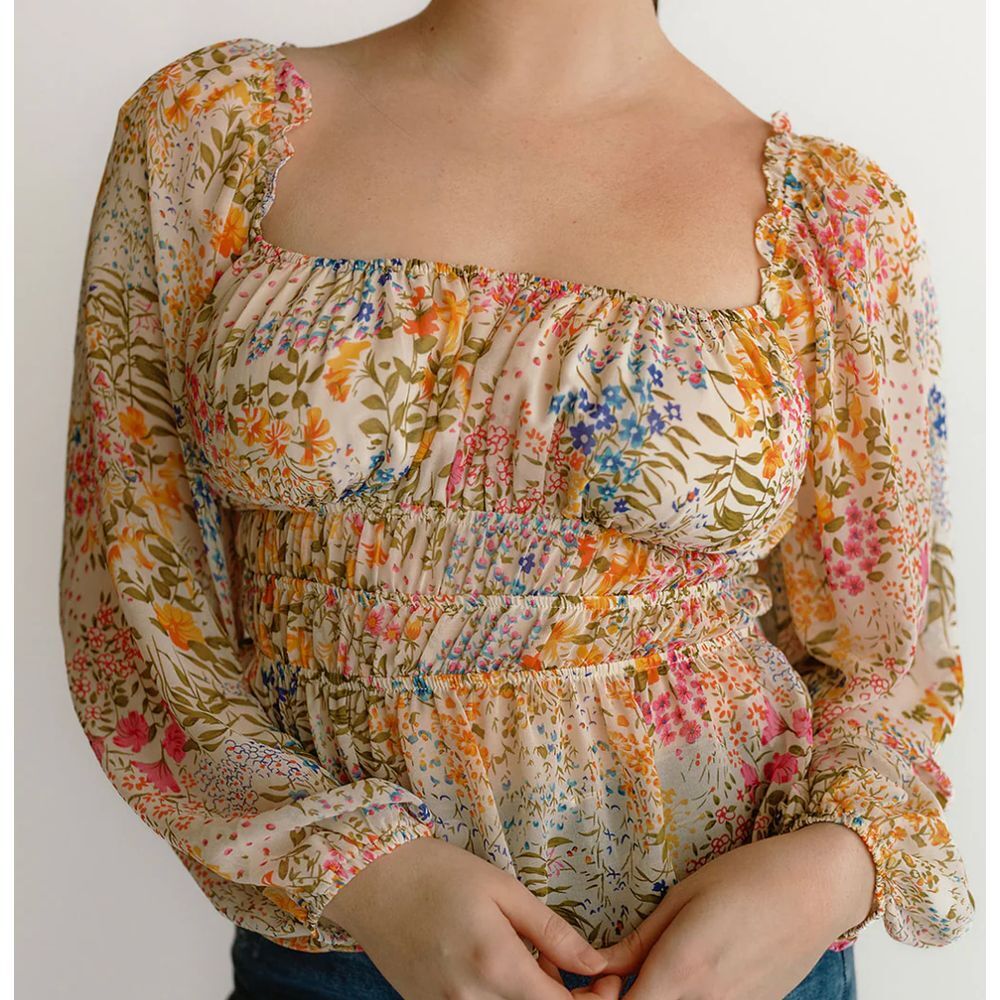 Lucy Paris Womens Camellia Floral-Print Smocked Top S NWT $68